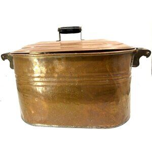 Vintage Antique Copper Boiler Wash Tub Pot & Lid Wood Handles 24" x 14" Patina